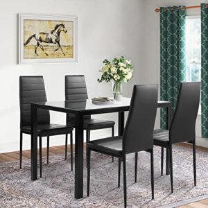 Lamerge Dining Table Set for 4, 5 Piece Kitchen Table Set with Tempered Glass Table Top and 4 Faux Leather Chairs,for Living Room,Dining Room,Kitchen,Small Space,Black (LDTS-GB)