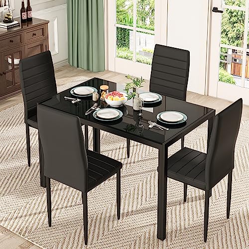 Lamerge Dining Table Set for 4, 5 Piece Kitchen Table Set with Tempered Glass Table Top and 4 Faux Leather Chairs,for Living Room,Dining Room,Kitchen,Small Space,Black (LDTS-GB)