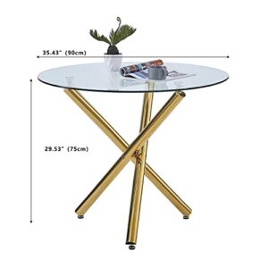 ROOIOME Round Glass Dining Table for Kitchen Dining, Modern Compact Round Glass Kitchen Table for Resturant, Bar Room and Small Space, with Tempered Glass Topand Gold Legs