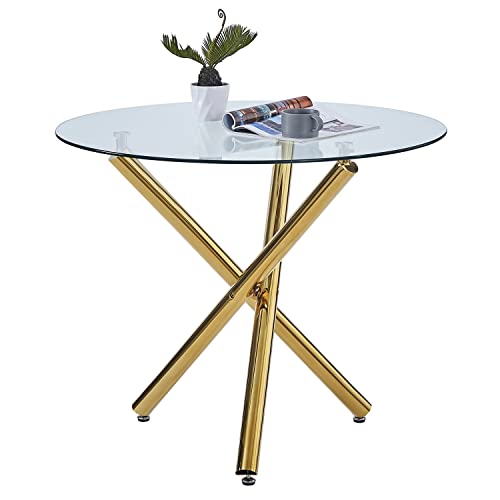 ROOIOME Round Glass Dining Table for Kitchen Dining, Modern Compact Round Glass Kitchen Table for Resturant, Bar Room and Small Space, with Tempered Glass Topand Gold Legs