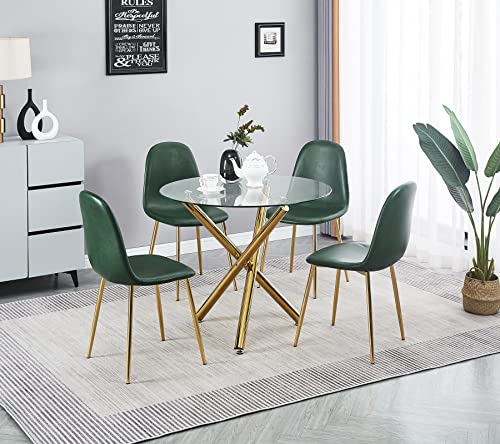 ROOIOME Round Glass Dining Table for Kitchen Dining, Modern Compact Round Glass Kitchen Table for Resturant, Bar Room and Small Space, with Tempered Glass Topand Gold Legs