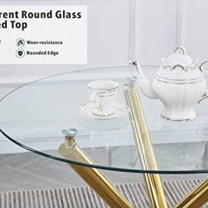 ROOIOME Round Glass Dining Table for Kitchen Dining, Modern Compact Round Glass Kitchen Table for Resturant, Bar Room and Small Space, with Tempered Glass Topand Gold Legs