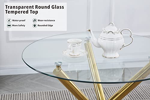 ROOIOME Round Glass Dining Table for Kitchen Dining, Modern Compact Round Glass Kitchen Table for Resturant, Bar Room and Small Space, with Tempered Glass Topand Gold Legs