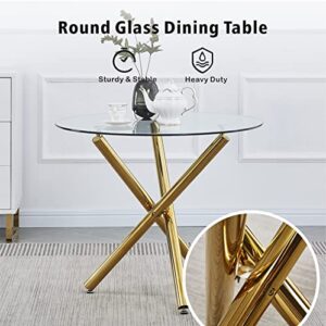 ROOIOME Round Glass Dining Table for Kitchen Dining, Modern Compact Round Glass Kitchen Table for Resturant, Bar Room and Small Space, with Tempered Glass Topand Gold Legs