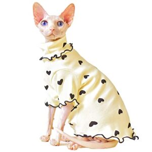 dentrun turtleneck heart pattern sphynx hairless cats shirt, kitten t-shirts with perlin sleeves, breathable cat wear cute sweater adorable hairless cat's clothes vest pajamas jumpsuit, beige