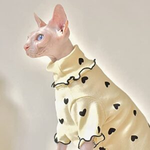 DENTRUN Turtleneck Heart Pattern Sphynx Hairless Cats Shirt, Kitten T-Shirts with Perlin Sleeves, Breathable Cat Wear Cute Sweater Adorable Hairless Cat's Clothes Vest Pajamas Jumpsuit, Beige