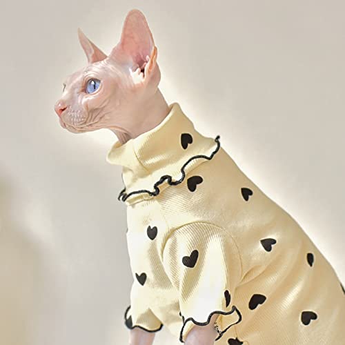 DENTRUN Turtleneck Heart Pattern Sphynx Hairless Cats Shirt, Kitten T-Shirts with Perlin Sleeves, Breathable Cat Wear Cute Sweater Adorable Hairless Cat's Clothes Vest Pajamas Jumpsuit, Beige