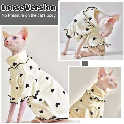 DENTRUN Turtleneck Heart Pattern Sphynx Hairless Cats Shirt, Kitten T-Shirts with Perlin Sleeves, Breathable Cat Wear Cute Sweater Adorable Hairless Cat's Clothes Vest Pajamas Jumpsuit, Beige