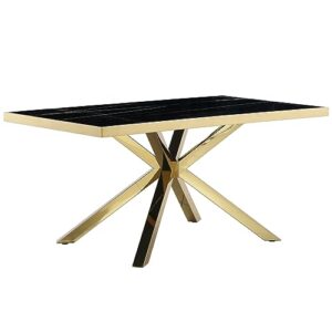 azhome 63 inches rectangular dining table, modern dining room table with gold stainless steel metal x-base in black gold