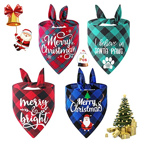 Bonjin 4 Pack Dog Bandana Christmas Classic Plaid, Pet Scarf Triangle Reversible Bibs Kerchief, Full of Chirstmas Element Patterns Pet Bandana, for Small Medium Large Dogs Cats Pets