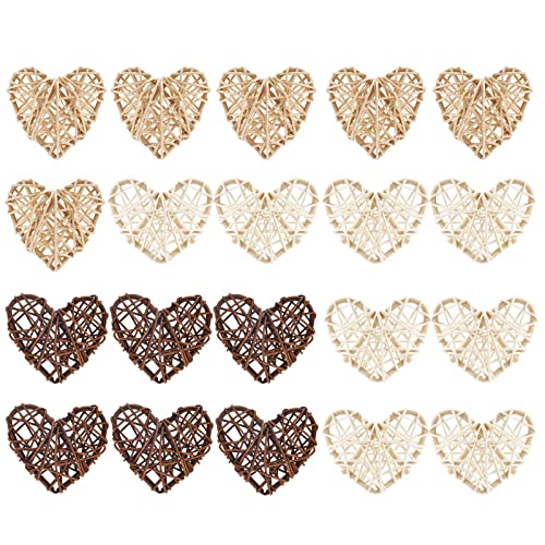 LAHONI 20 Pieces Heart Shaped Wicker Rattan Balls, 2.75 Inch Decorative Natural Rattan Balls Hanging Ornaments for Vase Filler, Wedding, Party, Valentine's Day, Baby Shower (3 Colors)