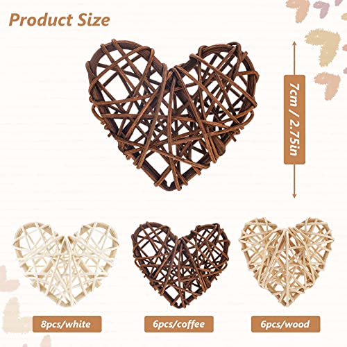 LAHONI 20 Pieces Heart Shaped Wicker Rattan Balls, 2.75 Inch Decorative Natural Rattan Balls Hanging Ornaments for Vase Filler, Wedding, Party, Valentine's Day, Baby Shower (3 Colors)