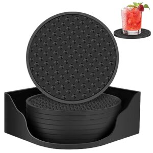 coasters for drinks set of 8 with holder,silicone black coasters tabletop protection for any table type,double-sided available,dishwasher safe，non-slip base with grooved design,fits most size of cups.