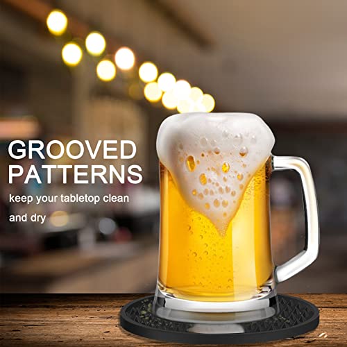 Coasters for Drinks set of 8 with holder,Silicone Black Coasters Tabletop Protection for Any Table Type,Double-sided available,Dishwasher Safe，Non-slip Base with Grooved design,Fits most Size of Cups.