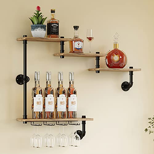 MAIKAILUN Wine Rack Wall Mounted with 4 Stem Glass Holder,Industria Floating Wine Pipe Shelf Bar Shelves, Liquor Cabinet for Home, Kitchen Living Room Decor Display Rack