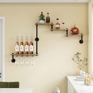 MAIKAILUN Wine Rack Wall Mounted with 4 Stem Glass Holder,Industria Floating Wine Pipe Shelf Bar Shelves, Liquor Cabinet for Home, Kitchen Living Room Decor Display Rack