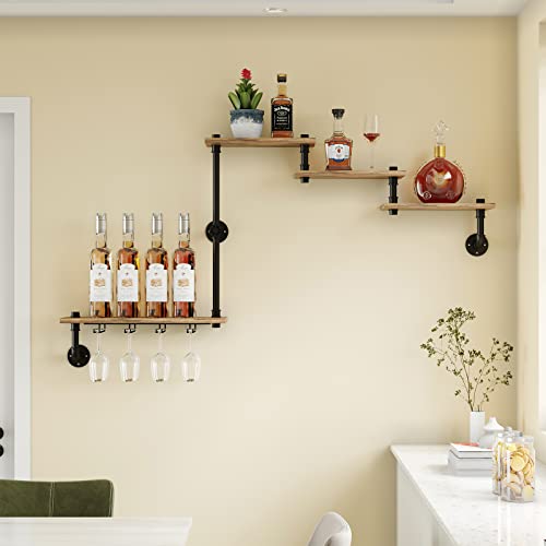 MAIKAILUN Wine Rack Wall Mounted with 4 Stem Glass Holder,Industria Floating Wine Pipe Shelf Bar Shelves, Liquor Cabinet for Home, Kitchen Living Room Decor Display Rack