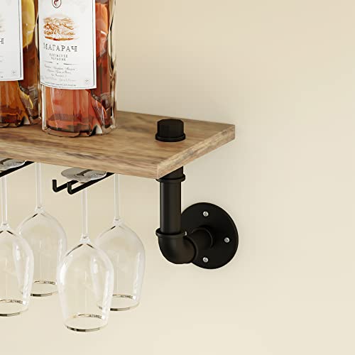 MAIKAILUN Wine Rack Wall Mounted with 4 Stem Glass Holder,Industria Floating Wine Pipe Shelf Bar Shelves, Liquor Cabinet for Home, Kitchen Living Room Decor Display Rack