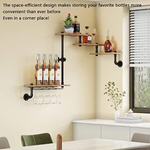 MAIKAILUN Wine Rack Wall Mounted with 4 Stem Glass Holder,Industria Floating Wine Pipe Shelf Bar Shelves, Liquor Cabinet for Home, Kitchen Living Room Decor Display Rack