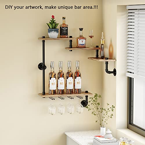 MAIKAILUN Wine Rack Wall Mounted with 4 Stem Glass Holder,Industria Floating Wine Pipe Shelf Bar Shelves, Liquor Cabinet for Home, Kitchen Living Room Decor Display Rack