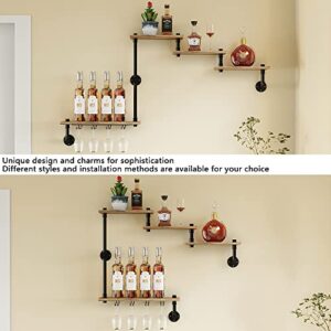 MAIKAILUN Wine Rack Wall Mounted with 4 Stem Glass Holder,Industria Floating Wine Pipe Shelf Bar Shelves, Liquor Cabinet for Home, Kitchen Living Room Decor Display Rack