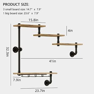 MAIKAILUN Wine Rack Wall Mounted with 4 Stem Glass Holder,Industria Floating Wine Pipe Shelf Bar Shelves, Liquor Cabinet for Home, Kitchen Living Room Decor Display Rack