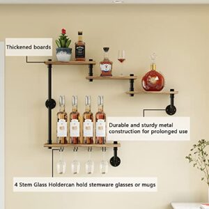 MAIKAILUN Wine Rack Wall Mounted with 4 Stem Glass Holder,Industria Floating Wine Pipe Shelf Bar Shelves, Liquor Cabinet for Home, Kitchen Living Room Decor Display Rack