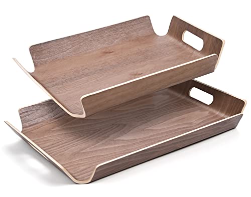 DAYUJIAN Walnut Ottoman Serving Trays (Set of 2) Rustic Wooden Food Serving tray with handles Farmhouse Decor Serving Platters-Large: 17.3 x13 x2"-Small: 15.6 x11.2 x2"