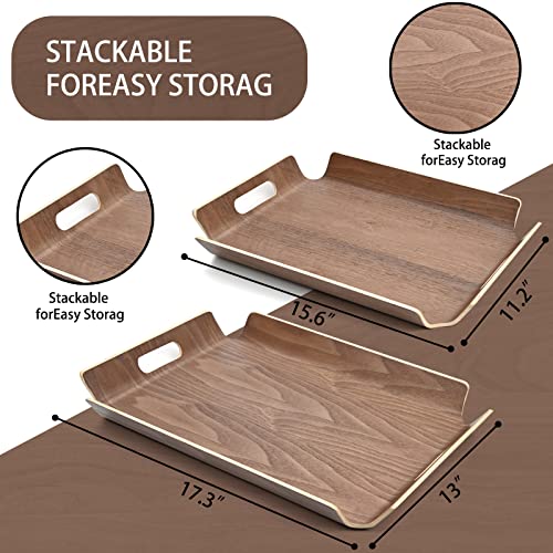 DAYUJIAN Walnut Ottoman Serving Trays (Set of 2) Rustic Wooden Food Serving tray with handles Farmhouse Decor Serving Platters-Large: 17.3 x13 x2"-Small: 15.6 x11.2 x2"