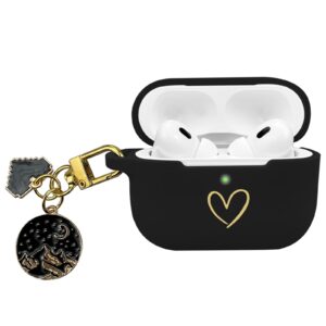 aiiekz compatible with airpods pro 2 case cover 2022, soft silicone case with gold heart pattern for airpods pro 2nd generation case with pendant keychain for girls women (black)