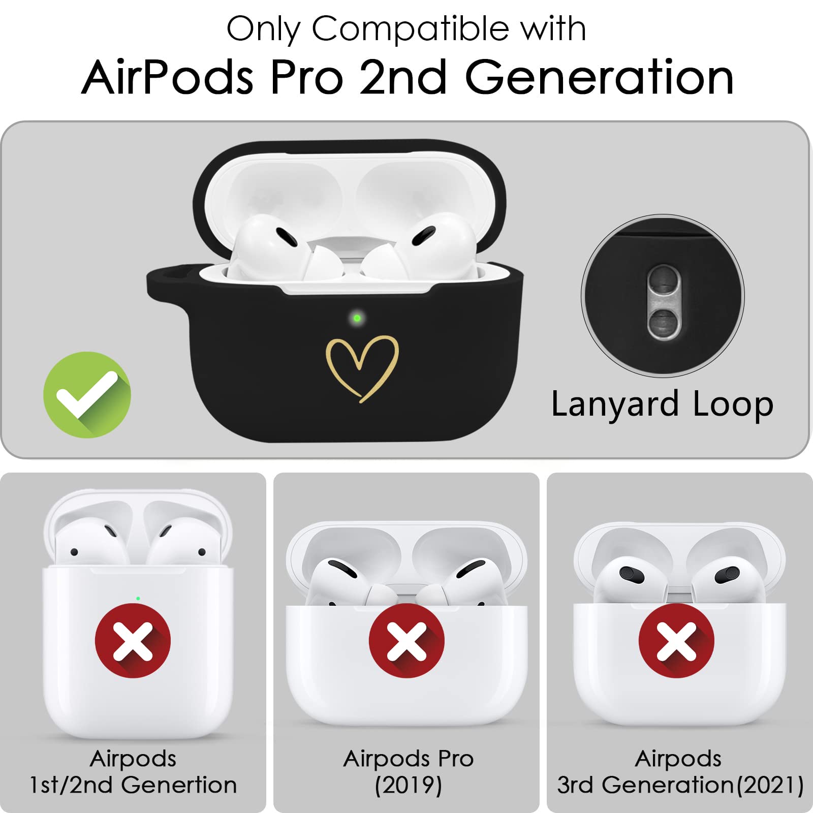 AIIEKZ Compatible with AirPods Pro 2 Case Cover 2022, Soft Silicone Case with Gold Heart Pattern for AirPods Pro 2nd Generation Case with Pendant Keychain for Girls Women (Black)