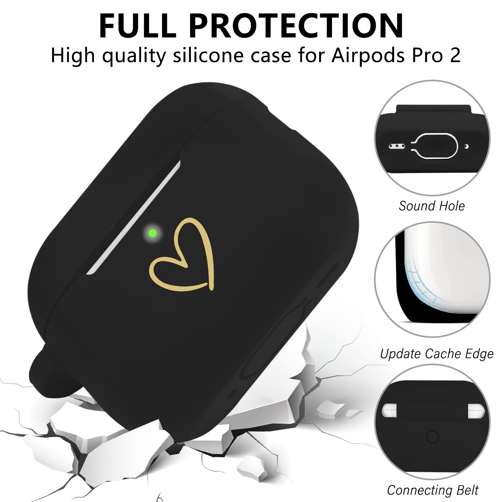 AIIEKZ Compatible with AirPods Pro 2 Case Cover 2022, Soft Silicone Case with Gold Heart Pattern for AirPods Pro 2nd Generation Case with Pendant Keychain for Girls Women (Black)