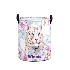 white tiger floral personalized waterproof foldable laundry basket bag with handle, custom collapsible clothes hamper storage bin for toys laundry dorm travel bathroom