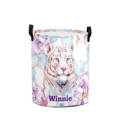 White Tiger Floral Personalized Waterproof Foldable Laundry Basket Bag with Handle, Custom Collapsible Clothes Hamper Storage Bin for Toys Laundry Dorm Travel Bathroom