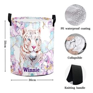 White Tiger Floral Personalized Waterproof Foldable Laundry Basket Bag with Handle, Custom Collapsible Clothes Hamper Storage Bin for Toys Laundry Dorm Travel Bathroom