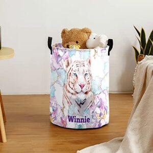 White Tiger Floral Personalized Waterproof Foldable Laundry Basket Bag with Handle, Custom Collapsible Clothes Hamper Storage Bin for Toys Laundry Dorm Travel Bathroom