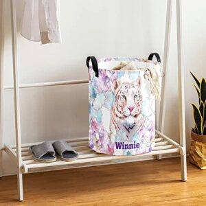 White Tiger Floral Personalized Waterproof Foldable Laundry Basket Bag with Handle, Custom Collapsible Clothes Hamper Storage Bin for Toys Laundry Dorm Travel Bathroom