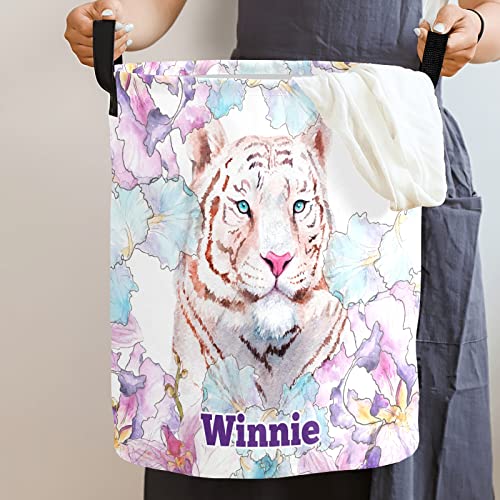 White Tiger Floral Personalized Waterproof Foldable Laundry Basket Bag with Handle, Custom Collapsible Clothes Hamper Storage Bin for Toys Laundry Dorm Travel Bathroom