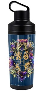 harry potter official hogwarts multi-colored floral crest 18 oz insulated water bottle, leak resistant, vacuum insulated stainless steel with 2-in-1 loop cap