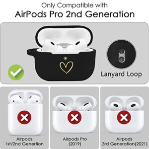 AIIEKZ Compatible with AirPods Pro 2 Case Cover 2022, Soft Silicone Case with Gold Heart Pattern for AirPods Pro 2nd Generation Case with Cute Butterfly Keychain for Girls Women (Black)