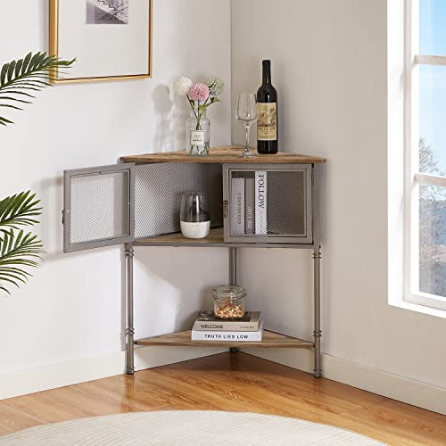 VECELO Table, 3-Tier Shelves with Protection Door, Metal Frame Storage Shelf Organizer for Small Space, Living Room, Corner Cabinet, Grey