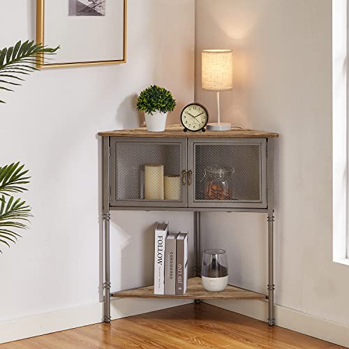 VECELO Table, 3-Tier Shelves with Protection Door, Metal Frame Storage Shelf Organizer for Small Space, Living Room, Corner Cabinet, Grey