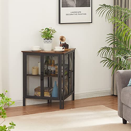 VECELO 3-Tier Cabinet/Table, Display Shelves with Free Standing Storage Mesh Small Space, Living Room, Kitchen, Bedroom, Corner Shelf with Door, Brown