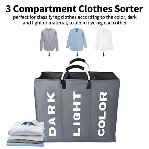 Laundry Hamper 3 Section with 3 Mesh Laundry Bags Divided Laundry Basket with Handles Collapsible Organizer Waterproof Oxford Dirty Clothes Storage for Bedroom, Laundry Room Dark Grey