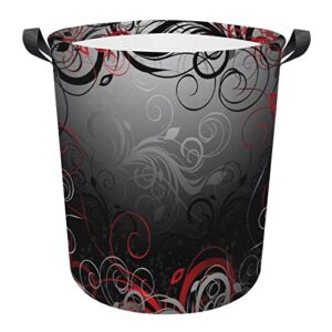 oyihfvs red black grey floral leaf swirl abstract background collapsible waterproof laundry hamper with handles, tall washing storage large organizer round basket bin for toys clothes