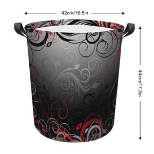Oyihfvs Red Black Grey Floral Leaf Swirl Abstract Background Collapsible Waterproof Laundry Hamper with Handles, Tall Washing Storage Large Organizer Round Basket Bin for Toys Clothes