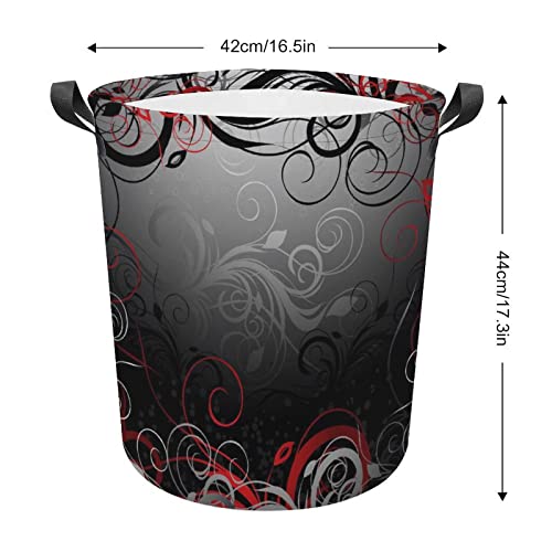 Oyihfvs Red Black Grey Floral Leaf Swirl Abstract Background Collapsible Waterproof Laundry Hamper with Handles, Tall Washing Storage Large Organizer Round Basket Bin for Toys Clothes