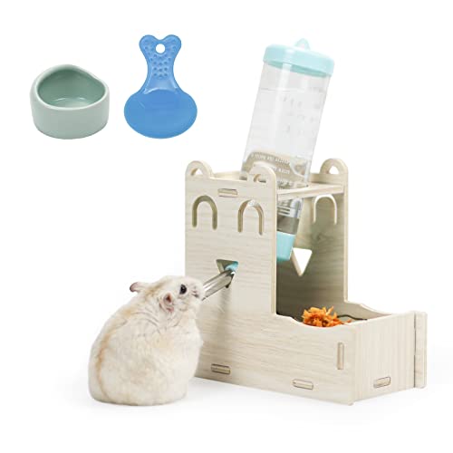 Wooden Hamster Water Bottle Stand,Small Animal Water Dispenser 125ml Drinking with Bottle Food Container Base Food Bowl for Dwarf Hamster Mouse Rat Hedgehog (H01)