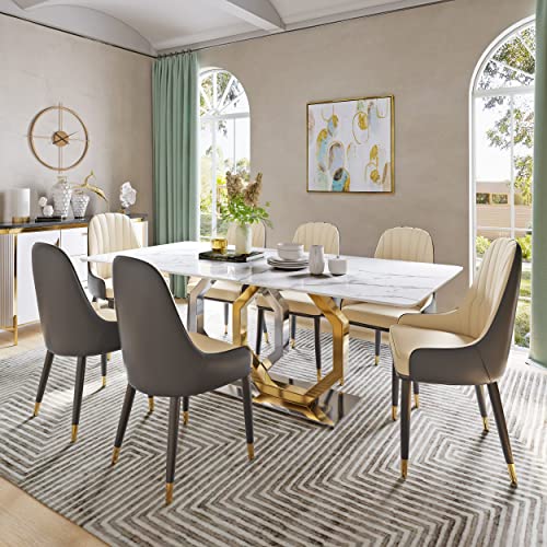 POVISON Modern Faux Marble Dining Table for 6-8, White Rectangular Dining Table Tabletop with Steel Golden Hexagonal-Legs, Kitchen Table for Dining Room Table, 63'' (Table only)