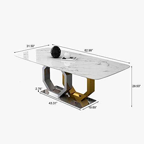 POVISON Modern Faux Marble Dining Table for 6-8, White Rectangular Dining Table Tabletop with Steel Golden Hexagonal-Legs, Kitchen Table for Dining Room Table, 63'' (Table only)